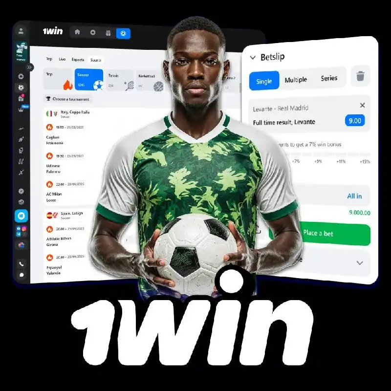 1xBet India sports betting platform showing football player with betslip interface for placing bets
